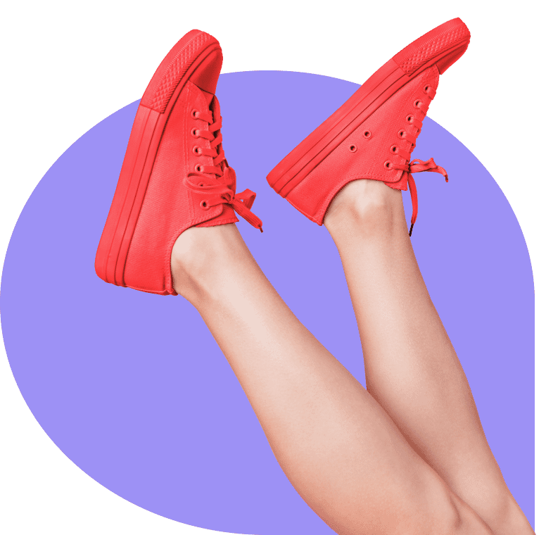 Red sneakers worn on crossed legs against a purple background, highlighting 168飞艇历史记录查询结果 -幸运168官方飞艇结果体彩查询网 Clipping Path editing for a clean and vibrant finish.